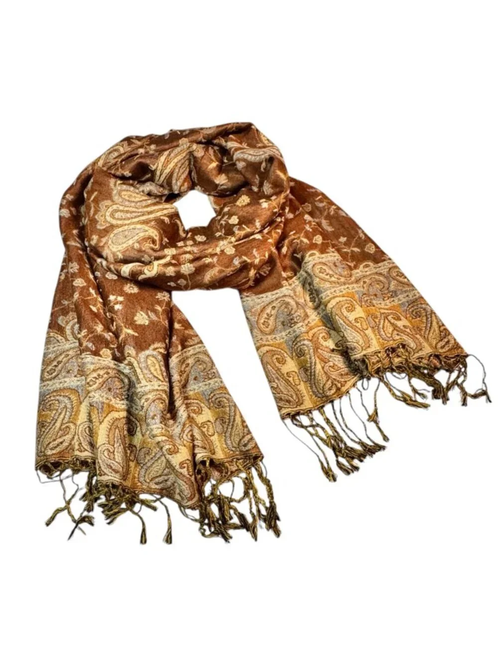 New Large Paisley Scarf Wrap Pashmina Brown Cream Fringe Classic